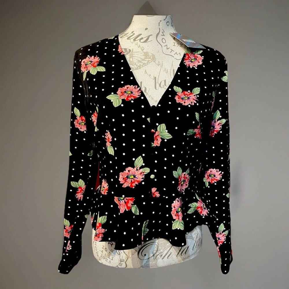 Missguided UK 14 NWT Black Floral Polka Dot Peplum Top